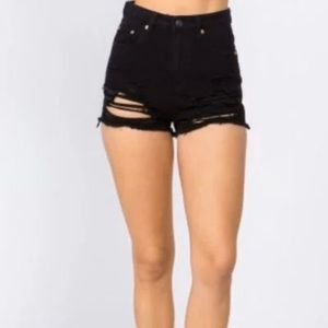 black high waisted distressed denim shorts